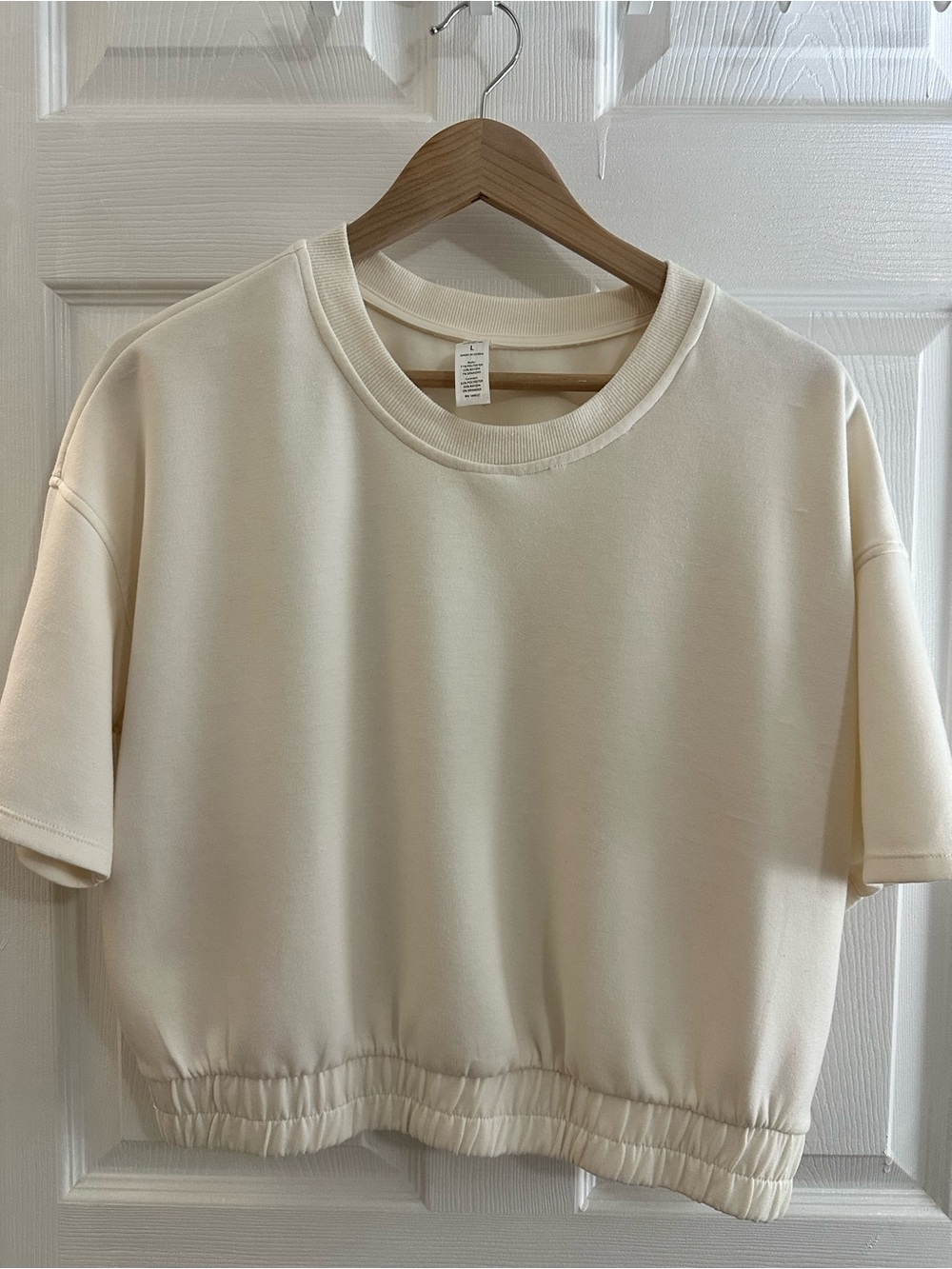 Yogalicious Scuba Cropped Crewneck Short Sleeve Top - Cream